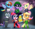 Size: 1500x1250 | Tagged: safe, artist:empyu, derpibooru import, angel bunny, applejack, fluttershy, pinkie pie, rainbow dash, rarity, twilight sparkle, twilight sparkle (alicorn), anthro, plantigrade anthro, batman, batman villains, braid, braided tail, catwoman, chibi, crossover, dc comics, harley quinn, mane six, mr. freeze, poison ivy, scarface, the riddler, the ventriloquist