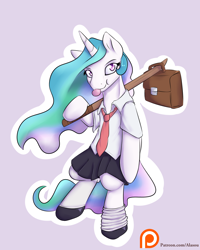 Size: 1200x1500 | Tagged: safe, artist:alasou, derpibooru import, princess celestia, alicorn, pony, semi-anthro, bipedal, bokuto, bubblegum, clothes, delinquent, looking at you, patreon, patreon logo, school uniform, schoolgirl, solo, standing, stick, wooden sword