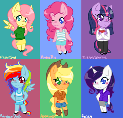 Size: 783x751 | Tagged: safe, artist:fiji-firefox, derpibooru import, applejack, fluttershy, pinkie pie, rainbow dash, rarity, twilight sparkle, anthro, belly button, blushing, chibi, chibi pony, clothes, mane six, midriff, short shirt, skirt, sports bra, tanktop