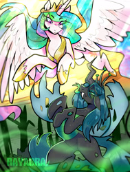 Size: 2132x2814 | Tagged: safe, artist:rayadra, princess celestia, queen chrysalis, alicorn, changeling, changeling queen, pony, bipedal, chest fluff, colored eyelashes, crown, duo, female, floppy ears, forked tongue, hoof shoes, jewelry, looking at each other, regalia, spread wings, tongue out, wings