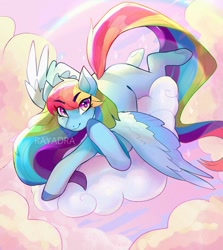 Size: 1024x1146 | Tagged: safe, artist:rayadra, rainbow dash, pegasus, pony, cloud, colored hooves, colored pupils, cute, dashabetes, dtiys, eye clipping through hair, female, looking at you, mare, missing cutie mark, on a cloud, prone, sky, solo