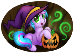 Size: 900x675 | Tagged: safe, artist:pingwinowa, oc, oc only, oc:trilly taffy, halloween, jack-o-lantern, missing cutie mark, pumpkin, solo