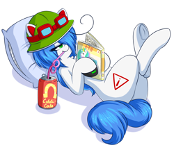 Size: 1280x1104 | Tagged: safe, artist:wickedsilly, princess celestia, oc, oc only, oc:mal, alicorn, pony, comic, goggles, hat, pillow, soda, solo