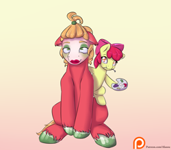 Size: 1600x1400 | Tagged: safe, artist:alasou, derpibooru import, apple bloom, big macintosh, earth pony, pony, alternate hairstyle, brush, floppy ears, gradient background, hilarious in hindsight, makeup, male, mouth hold, nail polish, palette, patreon, patreon logo, sitting, smiling, stallion, toenail polish, unshorn fetlocks