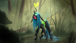 Size: 1920x1080 | Tagged: safe, artist:underpable, derpibooru import, queen chrysalis, butterfly, changeling, changeling queen, female, forest, open mouth, solo, swamp, wet mane