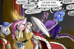 Size: 1280x853 | Tagged: safe, artist:silfoe, derpibooru import, princess celestia, princess luna, alicorn, pony, court, ermine, filly, magic, modified accessory, past, pink-mane celestia, royal guard, royal sketchbook, s1 luna, shame, sick, telekinesis, younger