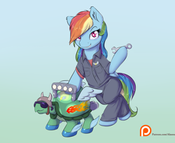 Size: 1650x1350 | Tagged: safe, artist:alasou, derpibooru import, rainbow dash, tank, pegasus, pony, semi-anthro, bipedal leaning, grin, helmet, hoof hold, looking at you, patreon, patreon logo, smirk, sunglasses, wrench