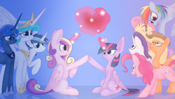 Size: 1920x1080 | Tagged: safe, artist:lunicmlp, artist:underpable, derpibooru import, edit, applejack, fluttershy, pinkie pie, princess cadance, princess celestia, princess luna, rainbow dash, rarity, shining armor, twilight sparkle, twilight sparkle (alicorn), alicorn, earth pony, pegasus, pony, unicorn, :p, alicorn tetrarchy, blushing, cute, eyes closed, female, floppy ears, frown, glare, happy, heart, hoofbump, magic, mane six, mare, missing accessory, missing freckles, raised hoof, sitting, smiling, smirk, tongue out, unamused, underhoof, underpable is trying to murder us