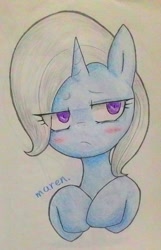 Size: 900x1395 | Tagged: safe, artist:maren, derpibooru import, trixie, pony, unicorn, blushing, female, mare, solo, traditional art