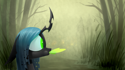 Size: 1920x1080 | Tagged: safe, artist:underpable, derpibooru import, queen chrysalis, changeling, changeling queen, firefly (insect), eating, floppy ears, nom, solo, swamp