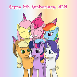 Size: 1280x1280 | Tagged: safe, artist:mkogwheel, derpibooru import, applejack, fluttershy, pinkie pie, rainbow dash, rarity, twilight sparkle, twilight sparkle (alicorn), alicorn, earth pony, pegasus, pony, unicorn, anniversary, female, group hug, happy birthday mlp:fim, mane six, mare, mlp fim's fifth anniversary