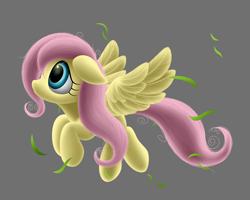 Size: 1250x1000 | Tagged: safe, artist:symbianl, fluttershy, pegasus, pony, animated at source, eyelashes, female, floating, floppy ears, gray background, leaves, looking at something, looking up, mare, messy mane, simple background, solo, spread wings, wings