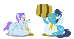 Size: 1700x900 | Tagged: safe, artist:fishinabarrrel, soarin', oc, belly, bhm, cider, fat, morbidly obese, obese