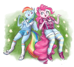 Size: 1116x1000 | Tagged: safe, artist:king-kakapo, derpibooru import, pinkie pie, rainbow dash, anthro, arm hooves, clothes, duo, duo female, female, laughing, shorts, sneakers, socks, striped socks, tights