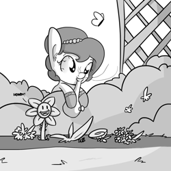 Size: 1280x1280 | Tagged: safe, artist:tjpones, edit, editor:dsp2003, oc, oc only, oc:brownie bun, butterfly, earth pony, pony, bong, drugs, female, flowey, garden, high, hilarious in hindsight, howdy, mare, marijuana, monochrome, pun, smoke weed erryday, stoned, undertale, why, wtf