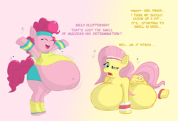 Size: 1179x800 | Tagged: safe, artist:blubberwhale, fluttershy, pinkie pie, earth pony, pegasus, pony, armpits, body odor, fat, fattershy, obese, pudgy pie, smelly, sweat