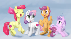 Size: 1676x916 | Tagged: safe, artist:silfoe, derpibooru import, part of a set, apple bloom, diamond tiara, scootaloo, sweetie belle, crusaders of the lost mark, adorabloom, backwards cutie mark, cute, cutealoo, cutie mark, cutie mark crusaders, diamondbetes, diasweetes, eyes closed, happy, prone, raised hoof, smiling, the cmc's cutie marks