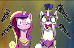 Size: 850x546 | Tagged: safe, artist:phuocthiencreation, edit, princess cadance, shining armor, alicorn, pony, unicorn, armor, cropped, female, jewelry, looking at you, male, mare, onomatopoeia, open mouth, raised hoof, reaction image, regalia, stallion, standing, surprised, wide eyes