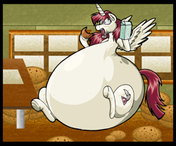 Size: 1024x848 | Tagged: safe, artist:virus-20, oc, oc only, oc:fausticorn, belly, expansion, fat, morbidly obese, obese, solo, stuffing