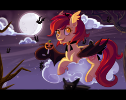 Size: 1600x1265 | Tagged: safe, artist:spookyle, oc, oc only, oc:pumpkin bell, bat, bat pony, pony, candy, food, full moon, lollipop, moon, solo, style emulation