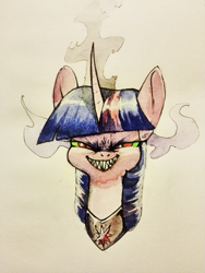 Size: 1181x1574 | Tagged: safe, artist:underpable, derpibooru import, twilight sparkle, pony, unicorn, bust, dark magic, fangs, green eyes, grin, magic, sharp teeth, solo, sombra eyes, traditional art, watercolor painting