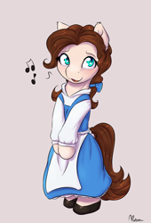 Size: 950x1400 | Tagged: safe, artist:alasou, derpibooru import, oc, oc only, oc:novël scribe, pony, beauty and the beast, belle, bipedal, clothes, commission, cosplay, costume, crossover, disney, music notes, nightmare night, nightmare night costume, open mouth, peasant, signature, solo