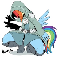 Size: 944x989 | Tagged: safe, artist:nekubi, rainbow dash, anthro, pegasus, plantigrade anthro, dungeons and discords, belt, boots, cloak, clothes, crouching, female, hood, knee-high boots, mask, rainbow rogue, simple background, solo, white background