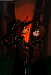 Size: 1246x1801 | Tagged: safe, artist:tenenbris, oc, oc only, oc:huldra synd, oc:nora lik, bonfire, clothes, forest, robe, witch