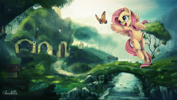 Size: 1920x1080 | Tagged: safe, artist:php58, artist:sunkilla-fr, edit, fluttershy, bird, butterfly, pegasus, pony, animal, armpits, cute, fluttershy's cottage, scenery, scenery porn, shyabetes, solo, wallpaper