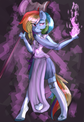 Size: 1653x2400 | Tagged: safe, artist:slynecallisto, derpibooru import, rainbow dash, anthro, unguligrade anthro, axe, clothes, magic, necklace, pendant, signature, skirt, solo, weapon