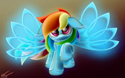 Size: 2800x1750 | Tagged: safe, artist:symbianl, rainbow dash, pegasus, pony, robot, robot pony, :3, alternate wings, aperture, bioluminescent, cute, dashabetes, floppy ears, glow, gradient background, looking at you, particles, rainbot dash, raised hoof, roboticization, solo, spread wings