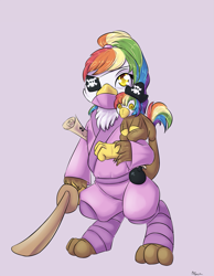 Size: 1225x1575 | Tagged: safe, artist:alasou, derpibooru import, oc, oc only, oc:rainbow feather, griffon, eyepatch, interspecies offspring, magical lesbian spawn, map, ninja, ninja pirate, offspring, parent:gilda, parent:rainbow dash, parents:gildash, pirate, pirate ninja, plushie, solo, wooden sword