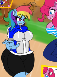 Size: 943x1280 | Tagged: safe, artist:rainic, derpibooru import, pinkie pie, rainbow dash, anthro, breasts, female, pinkie pies, plump, rainboob dash, the ass was fat, thunder thighs