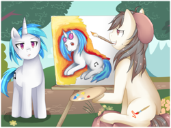 Size: 1620x1220 | Tagged: safe, artist:meewin, dj pon-3, vinyl scratch, oc, oc:moon brush, pony, unicorn, mouth hold, paintbrush, painting