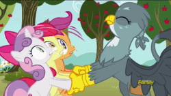 Size: 902x508 | Tagged: safe, screencap, apple bloom, gabby, scootaloo, sweetie belle, griffon, the fault in our cutie marks, animated, cutie mark crusaders, gif, hoofshake, loop, perfect loop, shaking