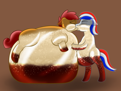 Size: 1280x960 | Tagged: safe, artist:8aerondight8, oc, oc only, oc:coke pony, food pony, original species, belly, belly bed, bloated, fat, immobile, impossibly large belly, inflation, kissing, morbidly obese, obese, pepsi pony, soda inflation