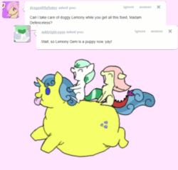 Size: 500x475 | Tagged: safe, artist:defenceless, lemony gem, oc, animated, ask, belly, belly bed, cute, fat, impossibly large belly, inflation, morbidly obese, obese, tongue out, tumblr