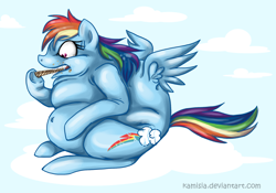 Size: 1000x700 | Tagged: safe, artist:kamisia, rainbow dash, pegasus, pony, candy, cloud, eating, fat, food, morbidly obese, obese, rainblob dash