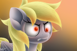 Size: 3000x2000 | Tagged: safe, artist:symbianl, derpy hooves, pegasus, pony, angry, blonde, eyelashes, female, gradient background, mare, red eyes, solo