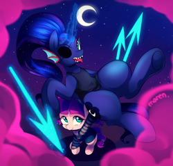 Size: 2000x1908 | Tagged: safe, artist:maren, derpibooru import, lily longsocks, princess luna, alicorn, earth pony, pony, background pony, carrying, clothes, costume, cute, eyepatch, female, filly, frisk, holding, looking at you, looking up, magic, mare, moon, night, nightmare night, open mouth, pippi longstocking, sharp teeth, shirt, sitting, smiling, spear, strong, super strength, telekinesis, tongue out, underhoof, undertale, undyne