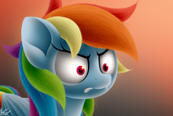 Size: 3000x2000 | Tagged: safe, artist:symbianl, rainbow dash, pegasus, pony, tanks for the memories, angry, female, gradient background, mare, scene interpretation, solo