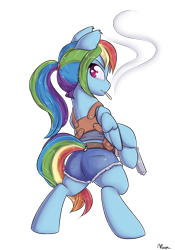 Size: 1225x1750 | Tagged: safe, artist:alasou, derpibooru import, rainbow dash, pegasus, pony, semi-anthro, alternate hairstyle, badass, bipedal, black lagoon, cigarette, clothes, commission, cosplay, costume, female, gun, hoof hold, looking at you, looking back, mare, pistol, ponytail, revy, revy dash, shorts, signature, simple background, smoking, solo, transparent background, weapon