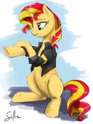 Size: 1500x2000 | Tagged: safe, artist:silfoe, derpibooru import, sunset shimmer, pony, unicorn, equestria girls, clothes, jacket, solo