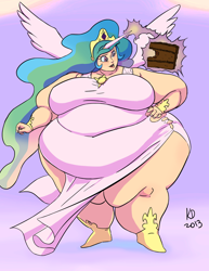 Size: 842x1089 | Tagged: safe, artist:kawaiidebu, princess celestia, human, bbw, belly, big belly, big breasts, bingo wings, breasts, cake, cakelestia, chocolate, chubbylestia, clothes, dress, fat, female, horned humanization, huge, huge belly, huge breasts, humanized, morbidly obese, obese, princess breastia, solo, ssbbw, torn clothes, wide hips, winged humanization