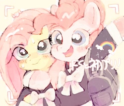 Size: 859x731 | Tagged: safe, artist:poneko-chan, fluttershy, pinkie pie, earth pony, pegasus, pony, bag, camera shot, clothes, duo, female, hug, japanese, mare, smiling