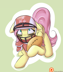 Size: 1050x1200 | Tagged: safe, artist:alasou, derpibooru import, fluttershy, pegasus, pony, american football, face paint, helmet, hoof hold, looking up, patreon, patreon logo, solo, sports