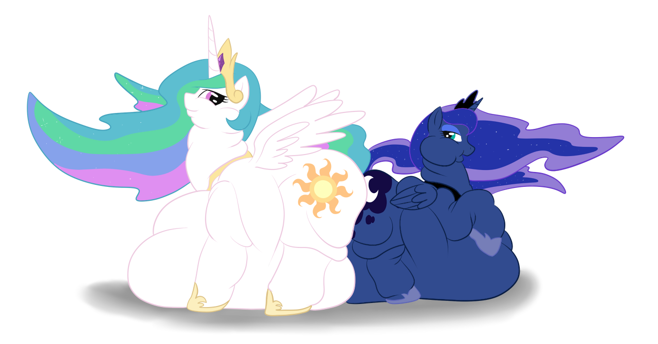 120493 - questionable, artist:drumstickpony, princess celestia, princess  luna, alicorn, pony, belly, butt smoosh, chubbylestia, fat, impossibly  large belly, morbidly obese, obese, princess moonpig - Ponybooru