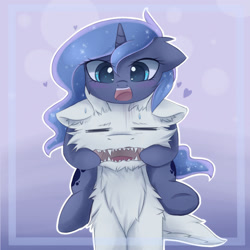 Size: 1600x1600 | Tagged: safe, artist:magnaluna, derpibooru import, princess luna, oc, oc:zefiroth, alicorn, dragon, pony, blushing, canon x oc, chibi, heart, sharp teeth, shipping, spirited away