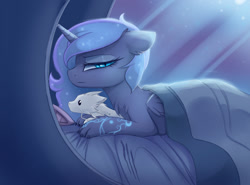 Size: 1600x1185 | Tagged: safe, artist:magnaluna, derpibooru import, princess luna, oc, oc:zefiroth, alicorn, dragon, pony, canon x oc, eastern dragon, female, filly, paws, prone, shipping, woona