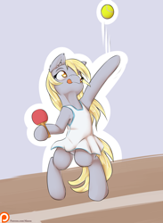 Size: 1650x2250 | Tagged: safe, artist:alasou, derpibooru import, derpy hooves, pony, :p, bipedal, bottomless, clothes, dress, ear fluff, hoof hold, no panties, paddle, patreon, patreon logo, silly, silly pony, skirt, solo, sports dress, tennis, tennis ball, tongue out, upskirt, you're doing it wrong